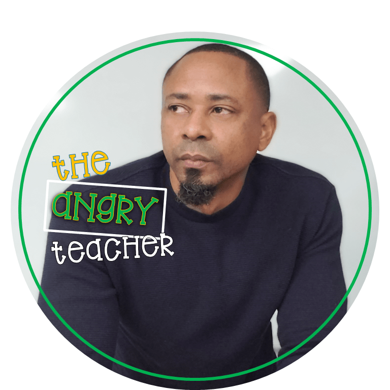 Logo of 'The Angry Teacher' featuring a thoughtful man in a black sweater against a light background, with the text in a playful font.